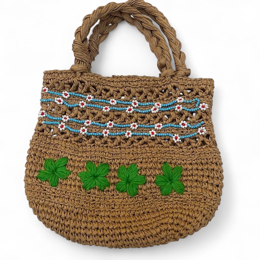 Urban Outfitters Straw Tote Bag Tan Beaded Floral Embroidered Boho Handbag